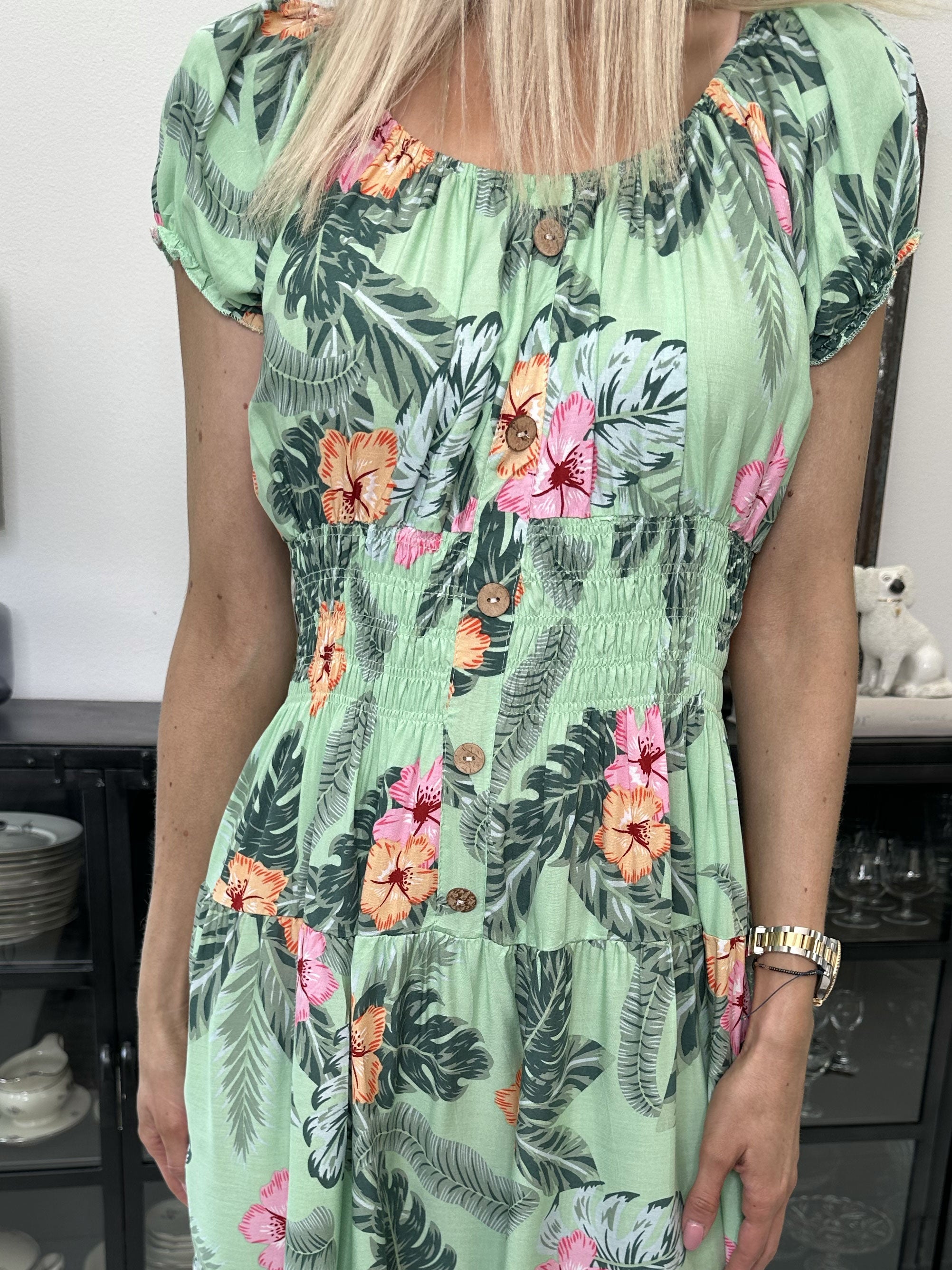 Finalia hawaii short - Söt klänning med hawaii blommor och elastisk midja - White